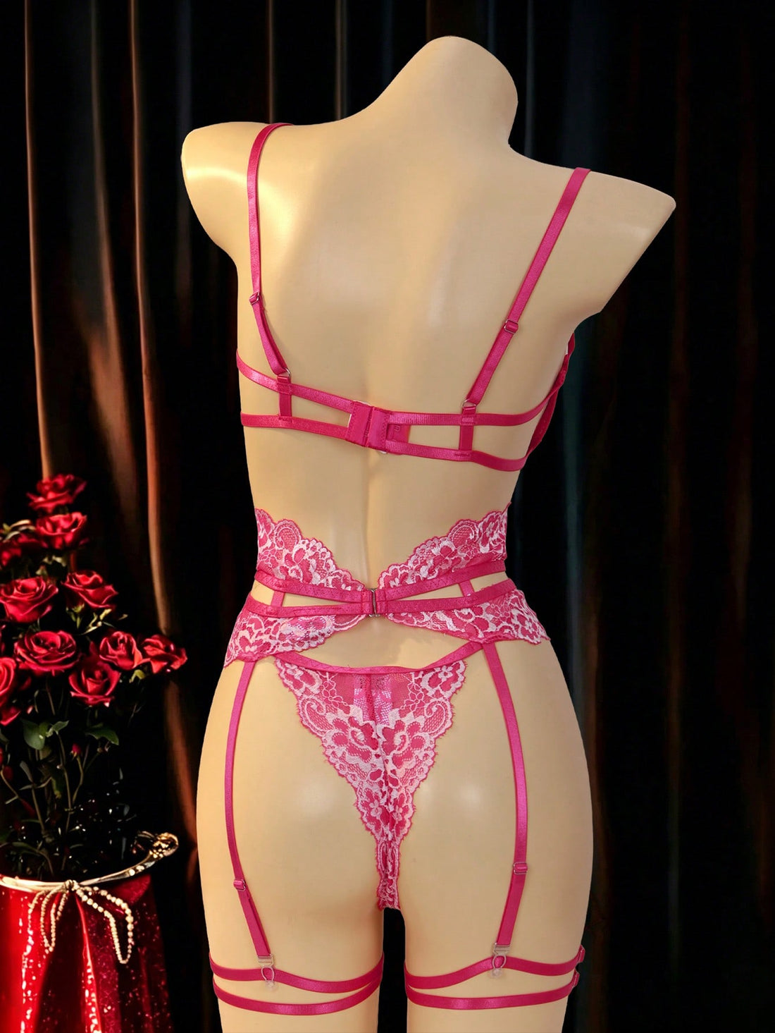 Women’s 5-piece sexy lingerie set with lace patchwork, hollow-out design, sheer embroidery details, adjustable spaghetti straps, and low-rise thong panties; plain pattern, available in Hot Pink and Baby Blue.