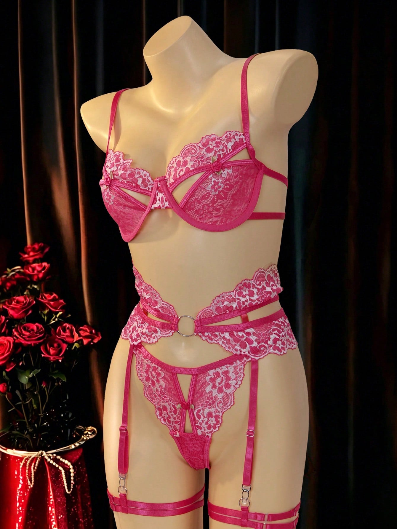 Women’s 5-piece sexy lingerie set with lace patchwork, hollow-out design, sheer embroidery details, adjustable spaghetti straps, and low-rise thong panties; plain pattern, available in Hot Pink and Baby Blue.