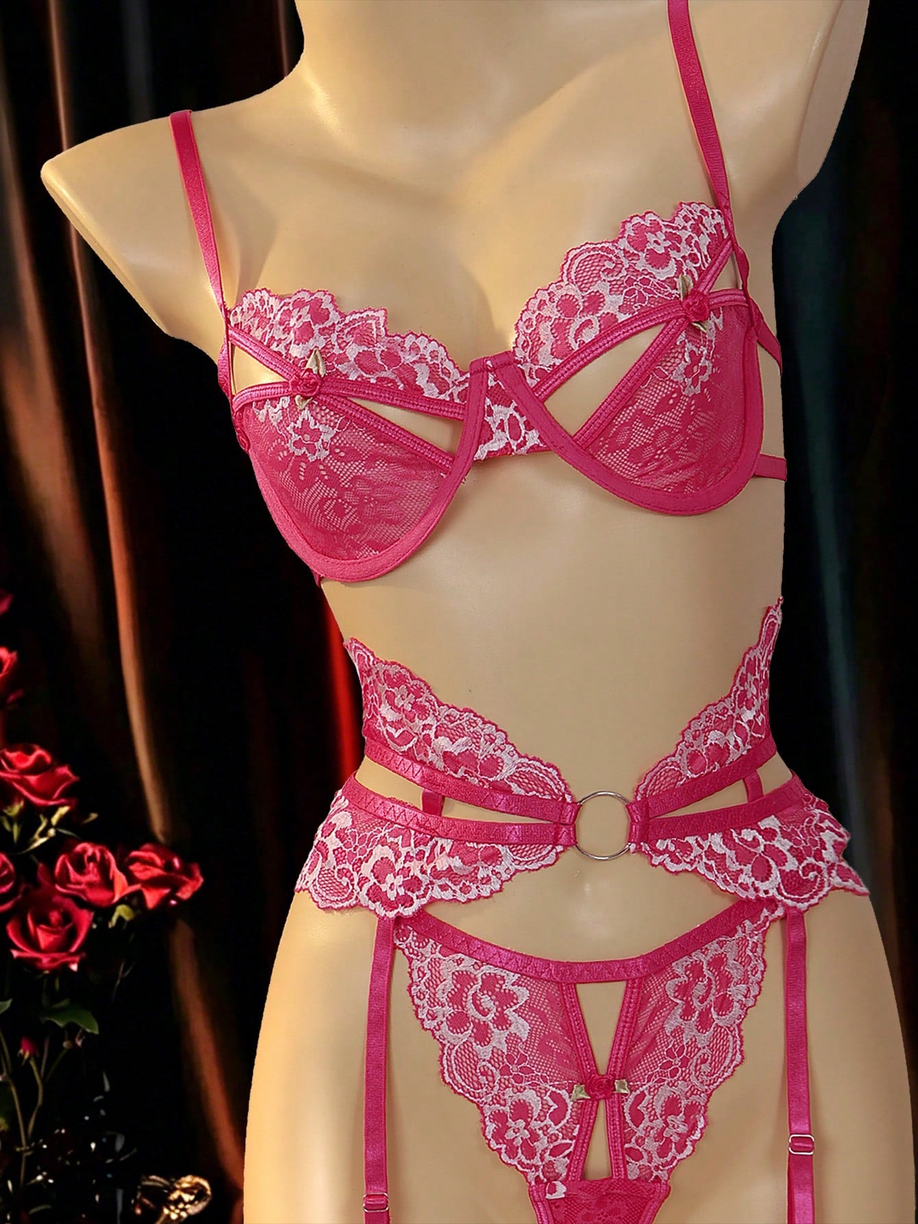 Women’s 5-piece sexy lingerie set with lace patchwork, hollow-out design, sheer embroidery details, adjustable spaghetti straps, and low-rise thong panties; plain pattern, available in Hot Pink and Baby Blue.