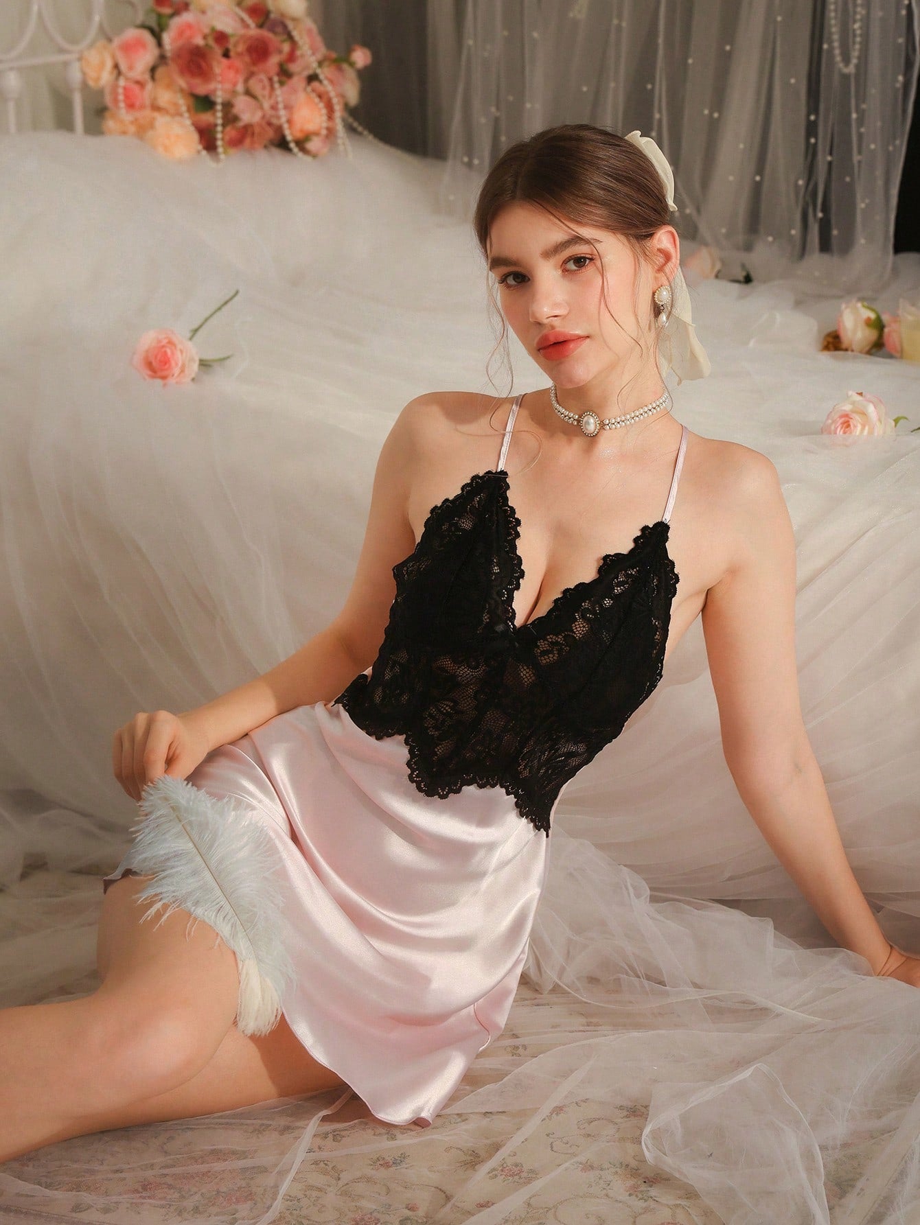 Contrast Lace V-Neck Crisscross Cami Backless Sexy Faux Silk Women Nightgown Babydoll Luxeloungewear