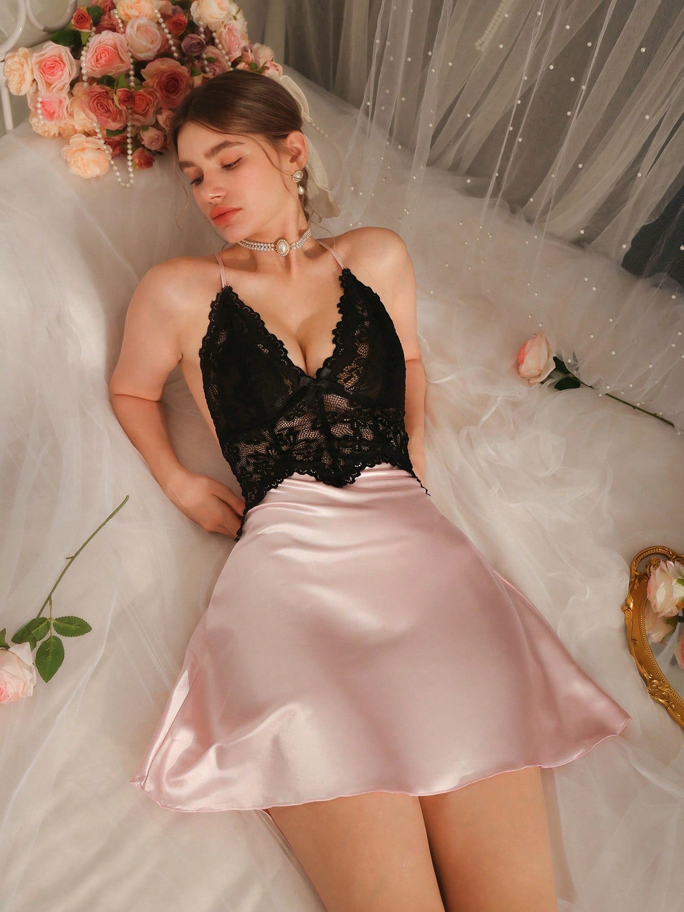 Contrast Lace V-Neck Crisscross Cami Backless Sexy Faux Silk Women Nightgown Babydoll Luxeloungewear