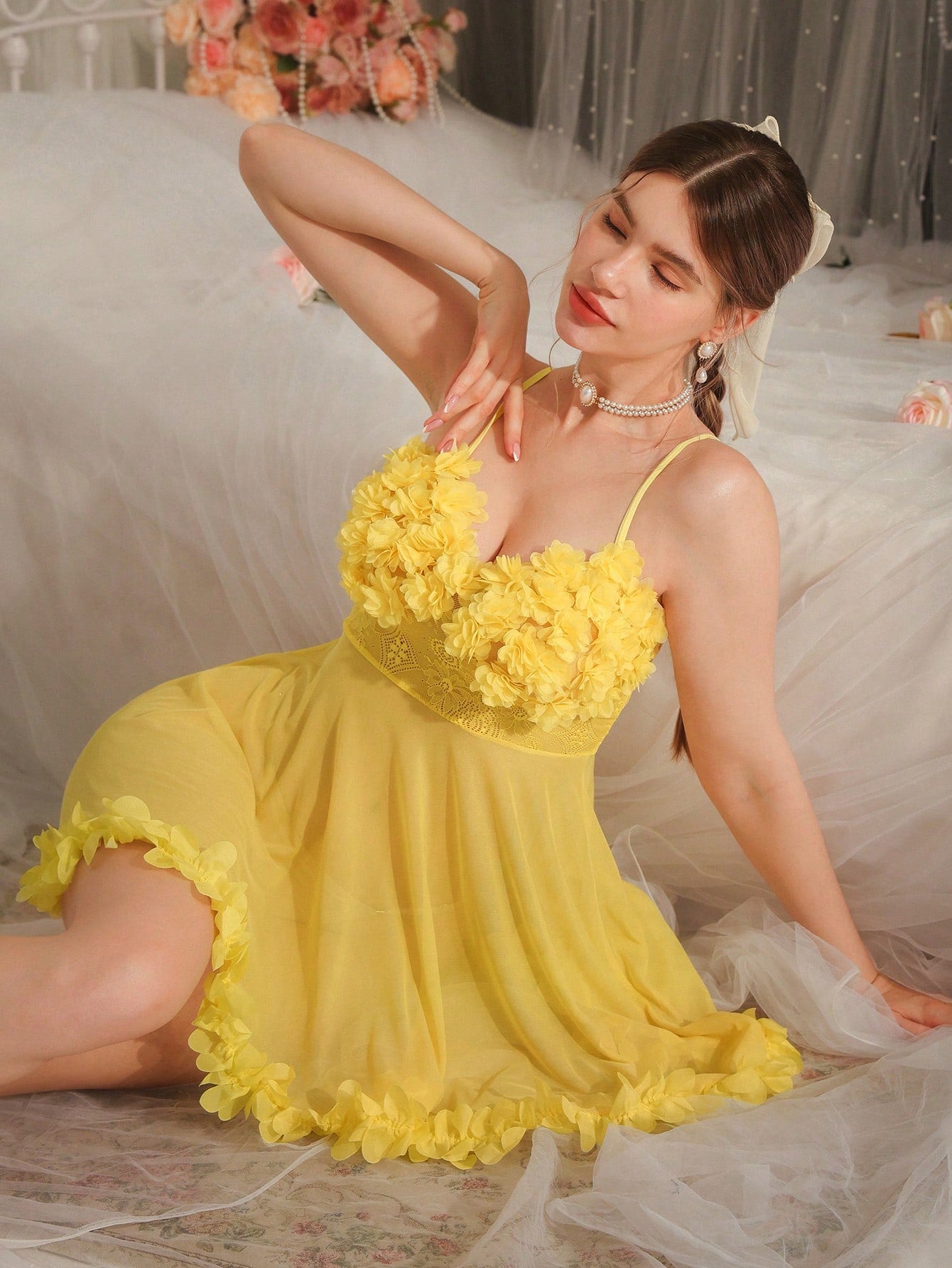 3D Flower Design Lace See-Through Cami Sleep Dress Pajama Dress