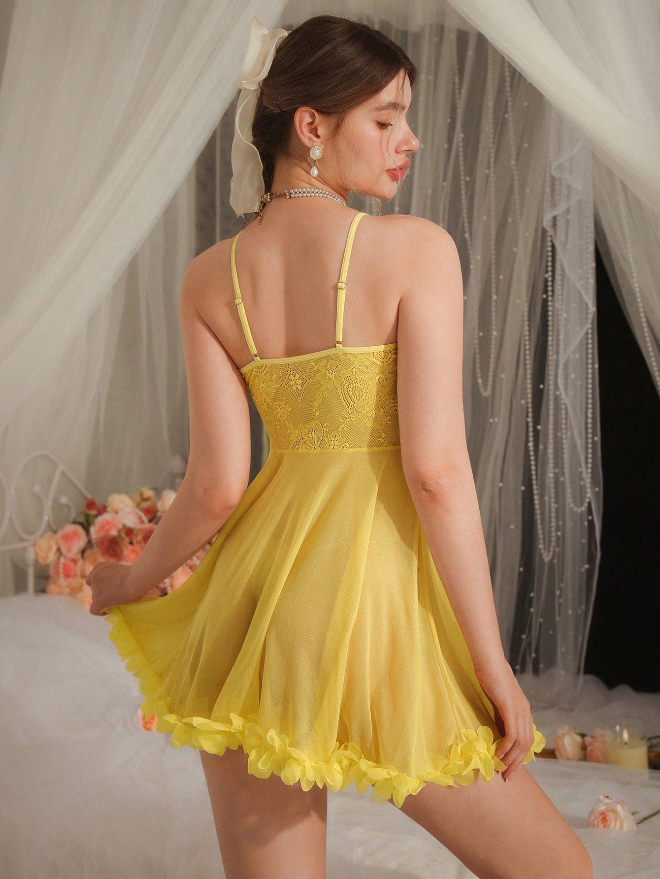 3D Flower Design Lace See-Through Cami Sleep Dress Pajama Dress