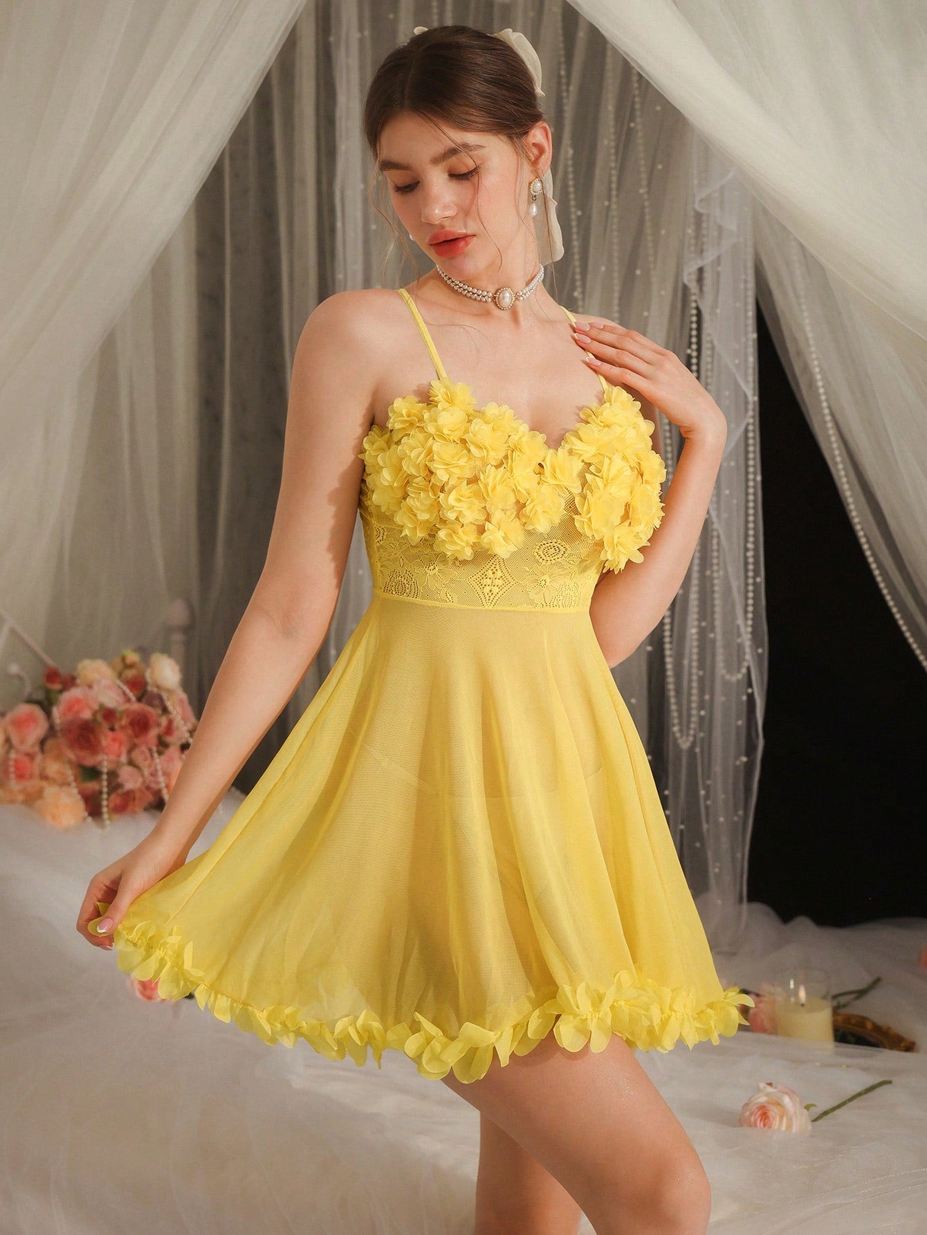 3D Flower Design Lace See-Through Cami Sleep Dress Pajama Dress