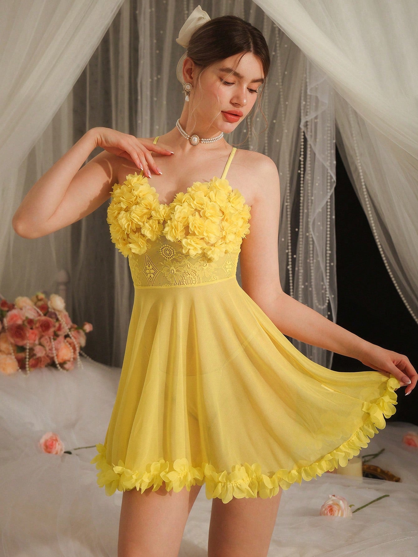 3D Flower Design Lace See-Through Cami Sleep Dress Pajama Dress