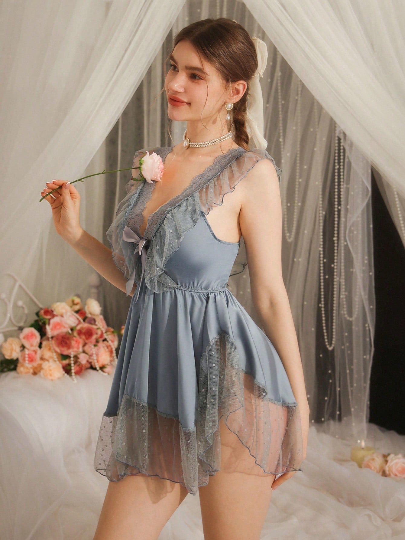Black Satin Mesh Lace Patchwork Ruffle Hem Bow Asymmetrical Hem Sleepwear, Sweet, Cute, Elegant, Graceful, Sexy For Women