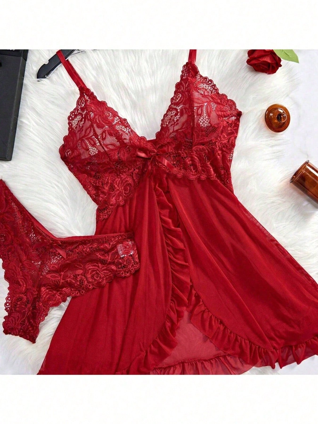 Women's 2-piece sexy lingerie set featuring a deep V sheer contrast lace babydoll bra with adjustable spaghetti straps and matching low-rise briefs; wireless plunge style with short sleeveless romantic design.