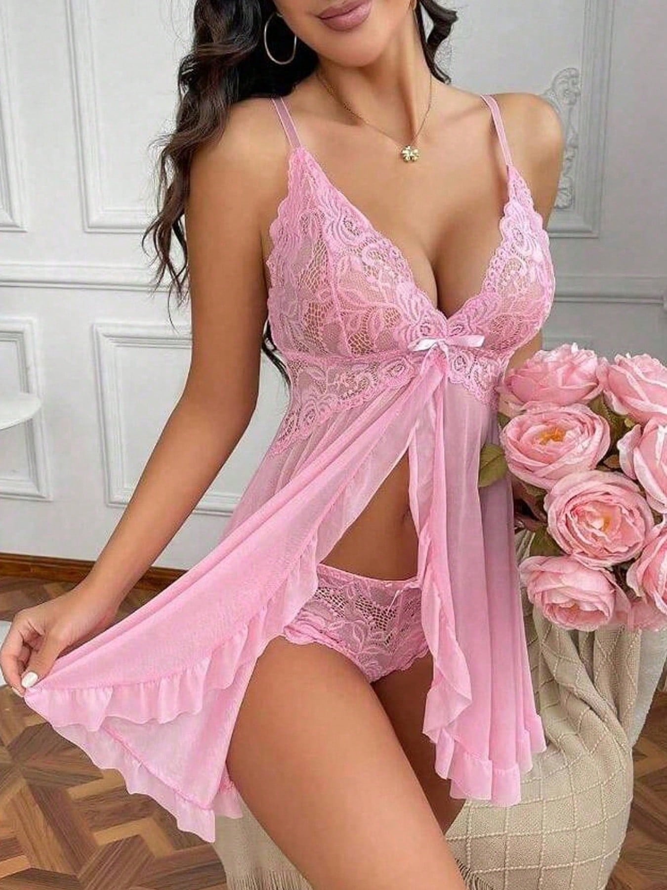 Women's 2-piece sexy lingerie set featuring a deep V sheer contrast lace babydoll bra with adjustable spaghetti straps and matching low-rise briefs; wireless plunge style with short sleeveless romantic design.