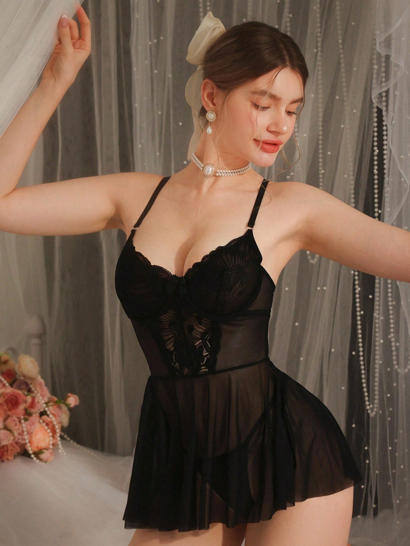 4pcs/Set Lace Contrast Mesh Sexy Women Sleepwear