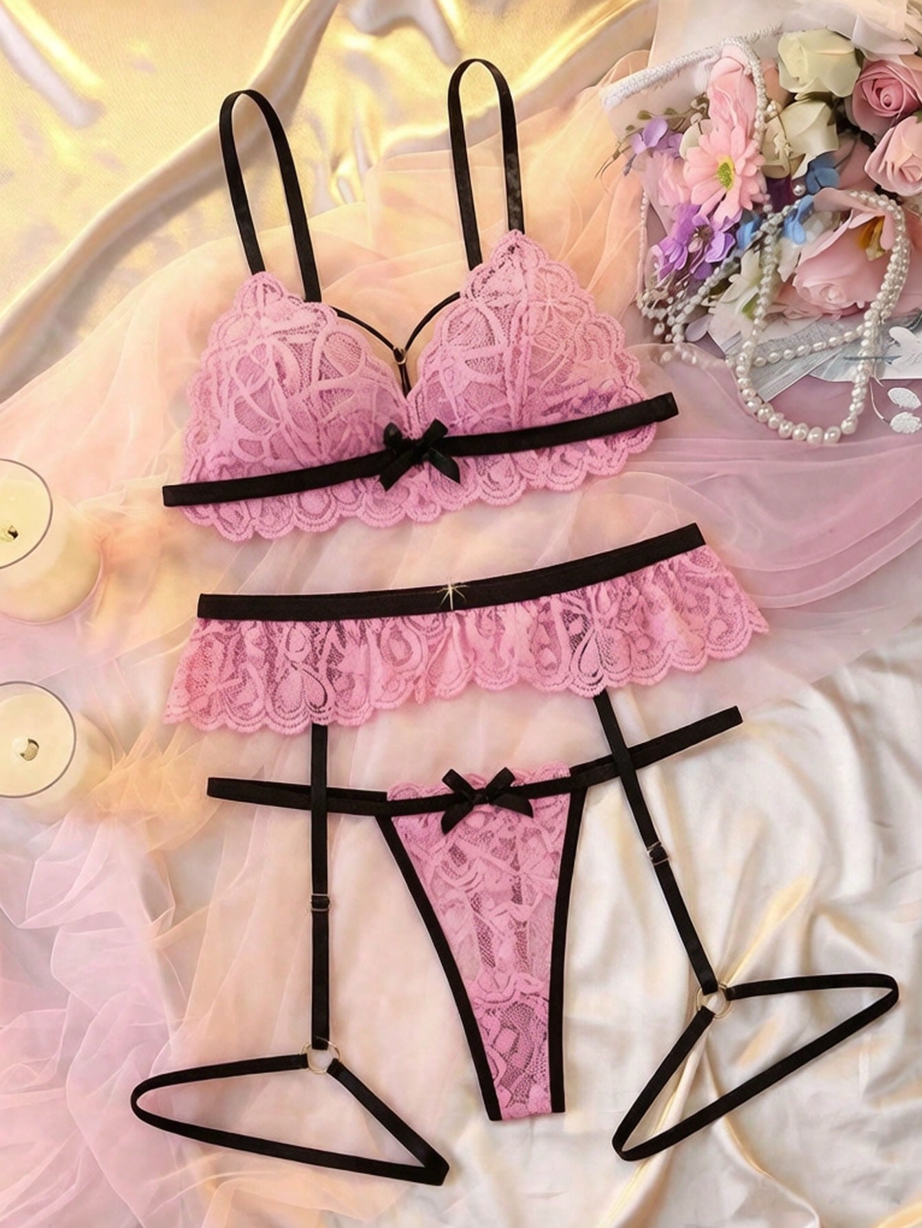 4pcs Lace Embroidery Semi-Sheer Sexy Lingerie Set, Sexy Underwear, Sexy Sleepwear, Babydoll