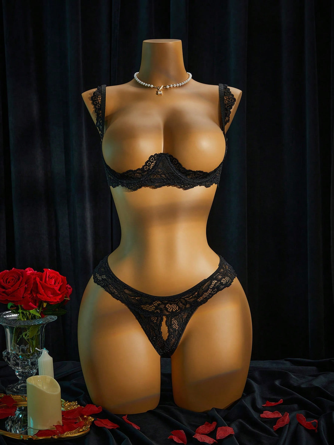 Women’s 2-piece contrast lace lingerie set with a sheer plain design, featuring an underwire open-cup bra with adjustable spaghetti straps and matching low-rise V-string panties.