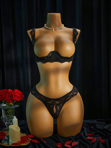 Women’s 2-piece contrast lace lingerie set with a sheer plain design, featuring an underwire open-cup bra with adjustable spaghetti straps and matching low-rise V-string panties.