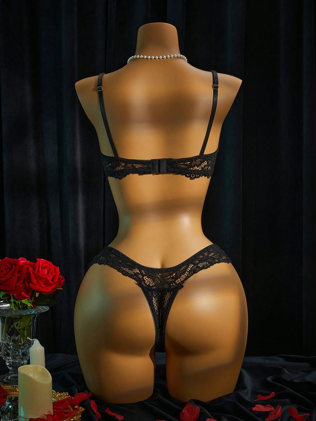 Women’s 2-piece contrast lace lingerie set with a sheer plain design, featuring an underwire open-cup bra with adjustable spaghetti straps and matching low-rise V-string panties.