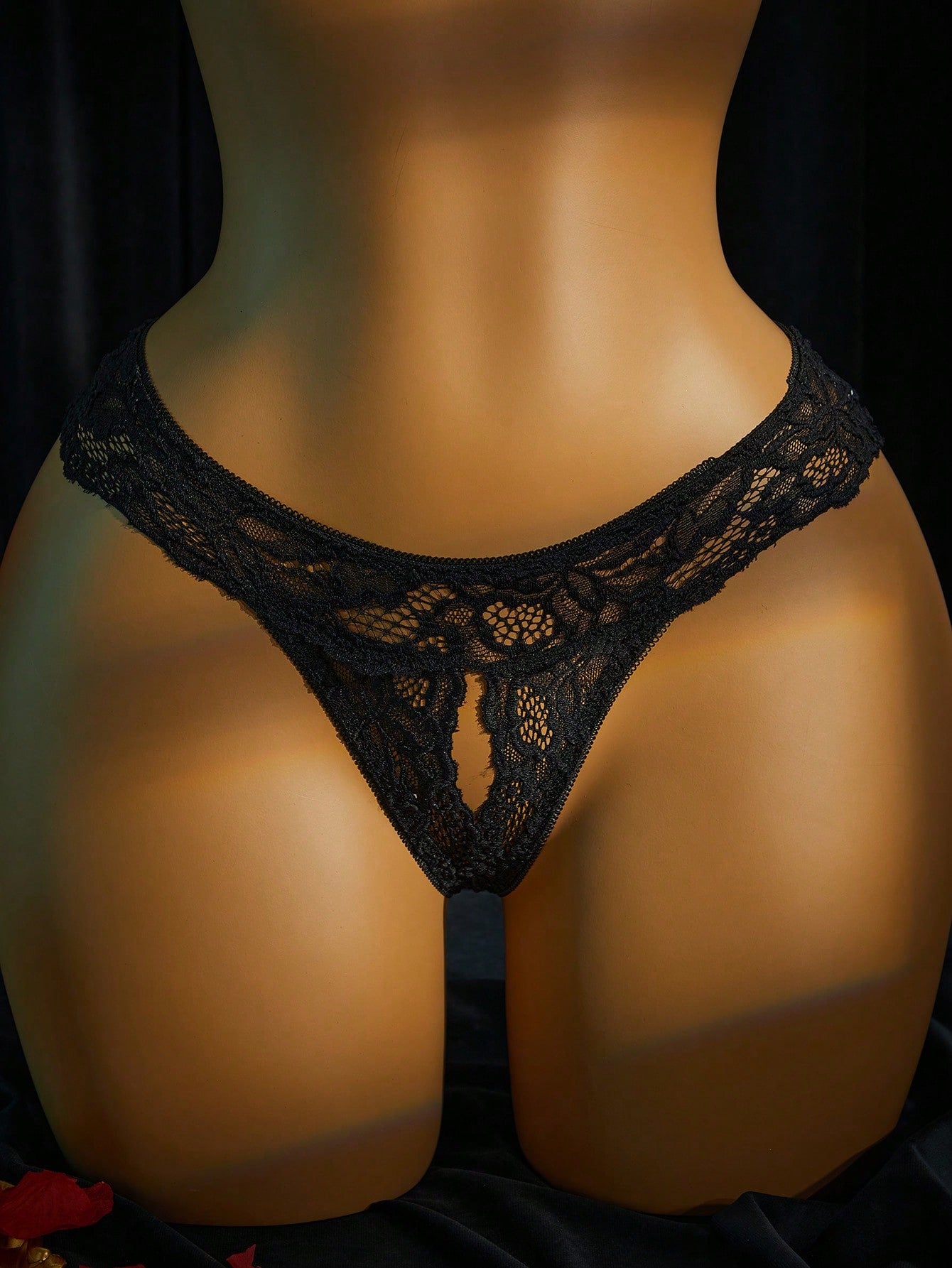 Women’s 2-piece contrast lace lingerie set with a sheer plain design, featuring an underwire open-cup bra with adjustable spaghetti straps and matching low-rise V-string panties.