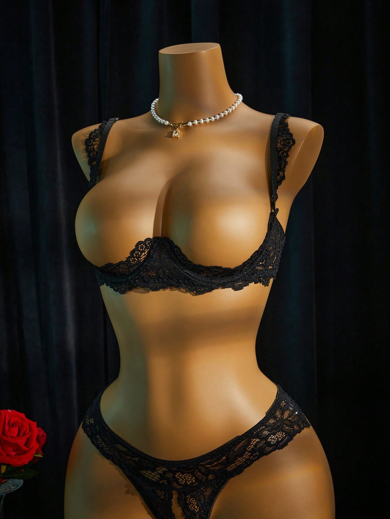 Women’s 2-piece contrast lace lingerie set with a sheer plain design, featuring an underwire open-cup bra with adjustable spaghetti straps and matching low-rise V-string panties.