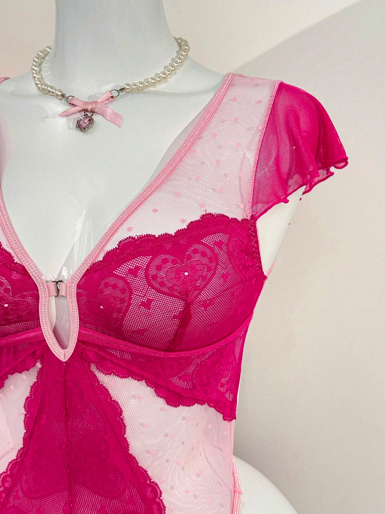 Sexy Heart Dot Mesh Hollow-Out Lace Patchwork Women's Lingerie Jumpsuit