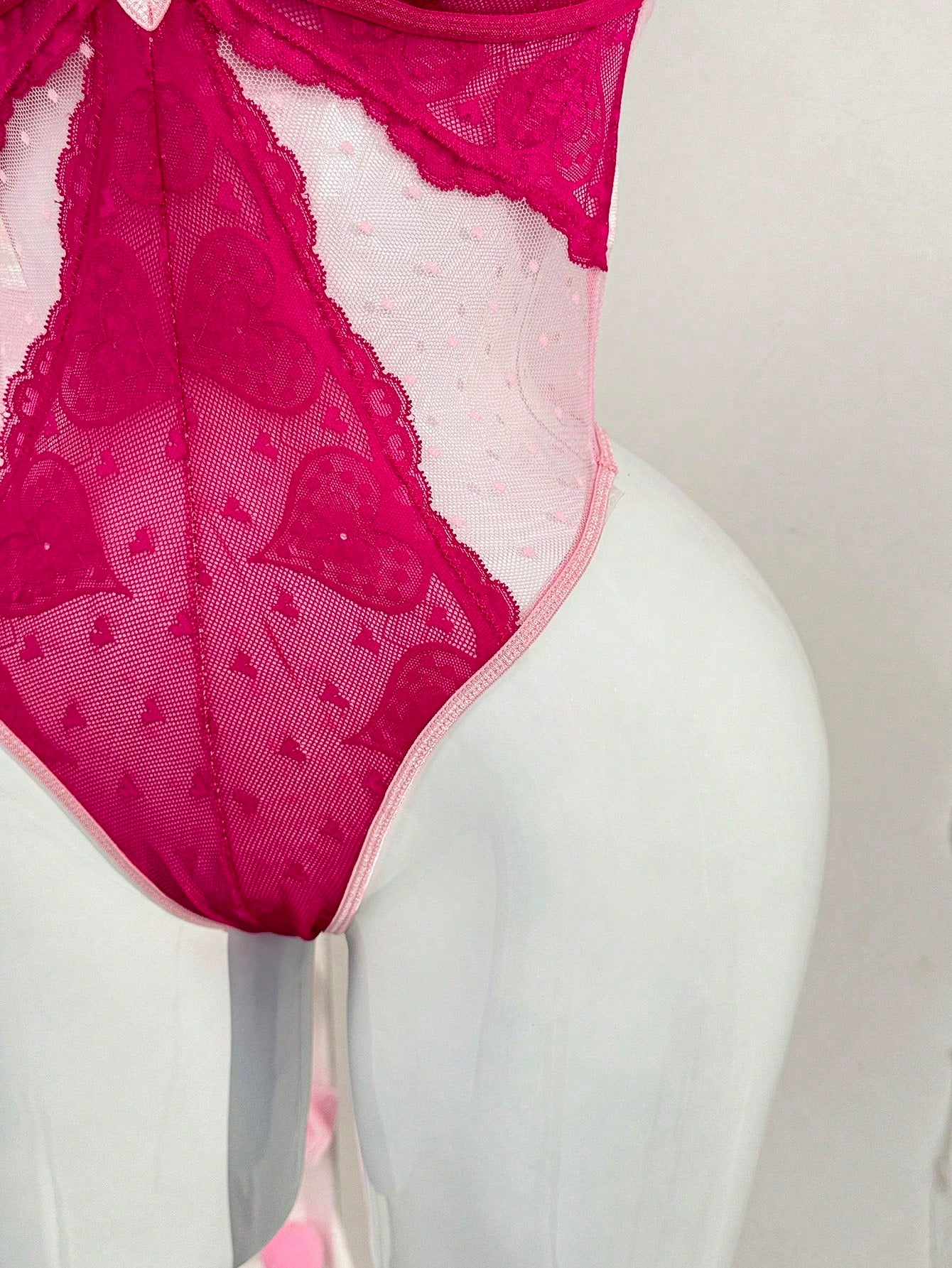 Sexy Heart Dot Mesh Hollow-Out Lace Patchwork Women's Lingerie Jumpsuit