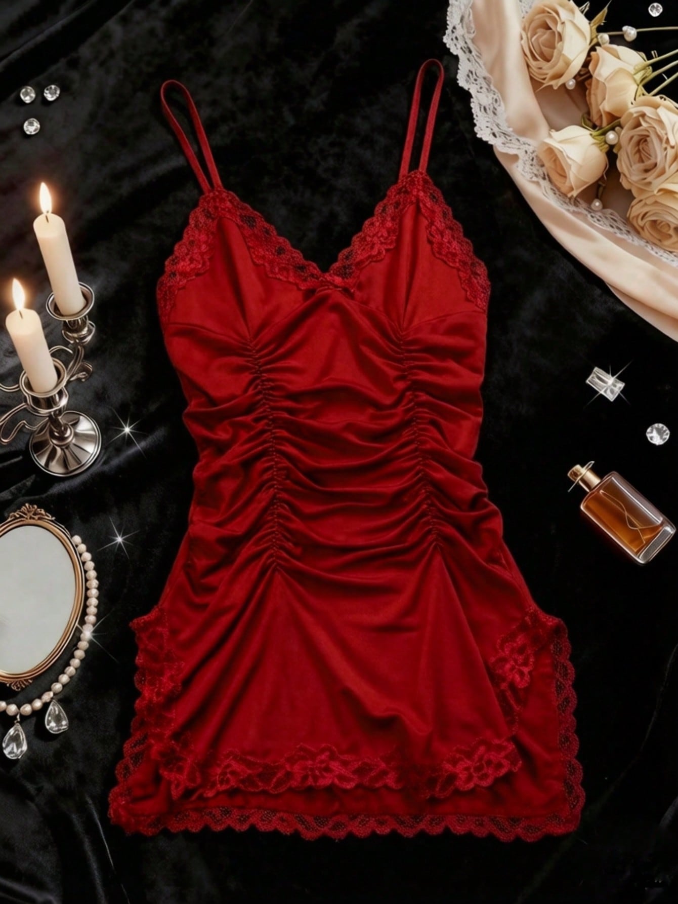 Lace Trim Fitted Mini Sexy Lingerie Dress