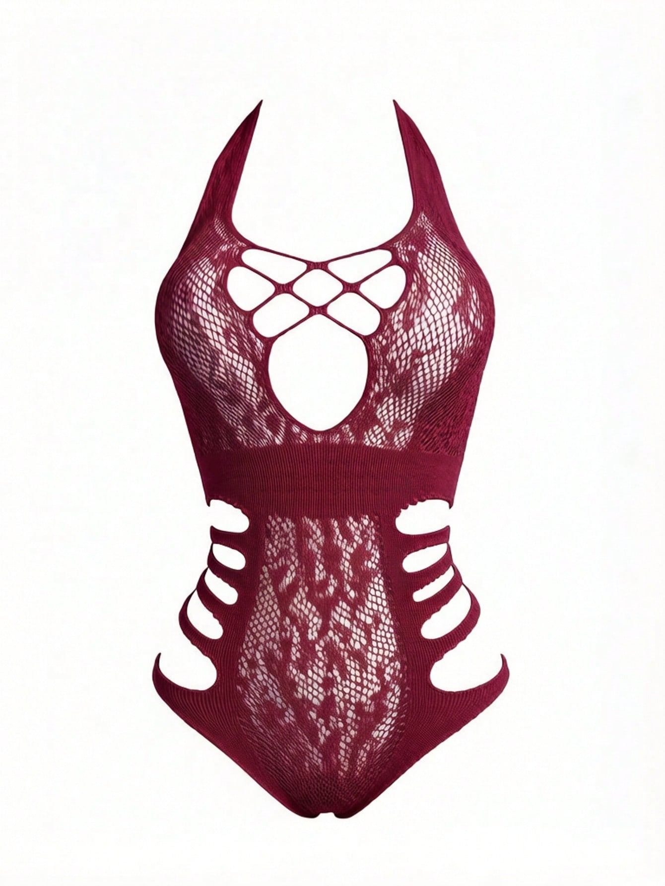Red women's sexy fishnet jumpsuit in sheer mesh with hollow-out design, sleeveless, wireless, high-stretch one-piece lingerie bodysuit that can be worn as a bikini cover-up.