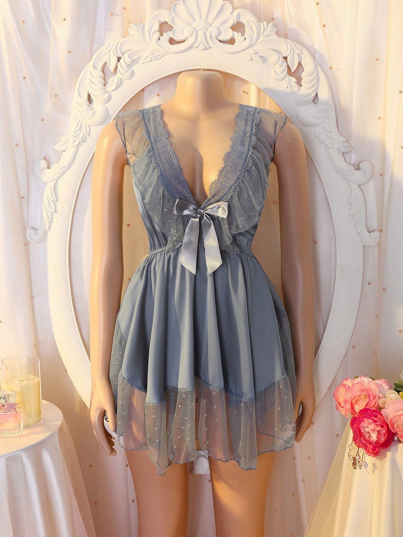 Black Satin Mesh Lace Patchwork Ruffle Hem Bow Asymmetrical Hem Sleepwear, Sweet, Cute, Elegant, Graceful, Sexy For Women