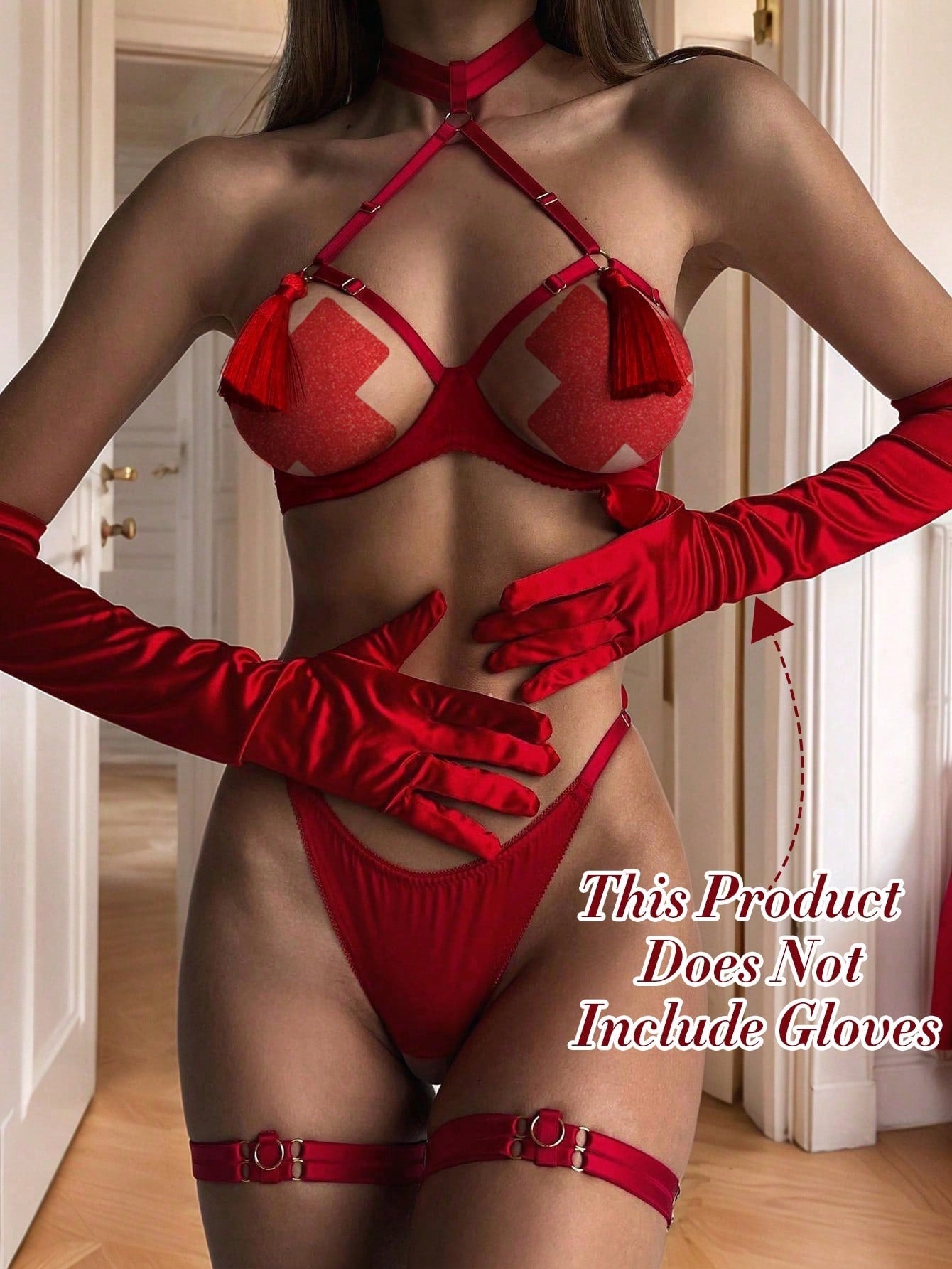 Red fringe satin exposed-bust lingerie set with open collar, spaghetti straps, underwire longline triangle-cup bra, and matching low-rise thong; 3-piece set, gloves not included.
