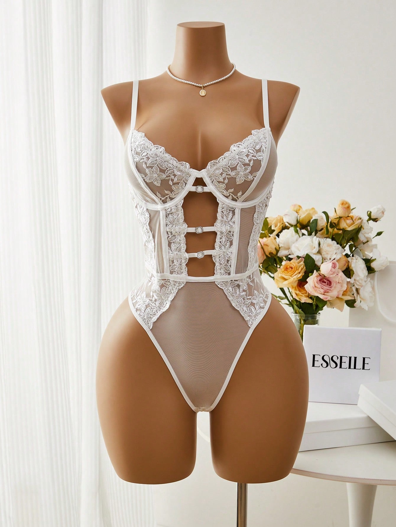 1pc Women's Sexy Lingerie Floral Embroidery Mesh Bodysuit