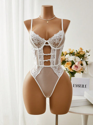 1pc Women's Sexy Lingerie Floral Embroidery Mesh Bodysuit