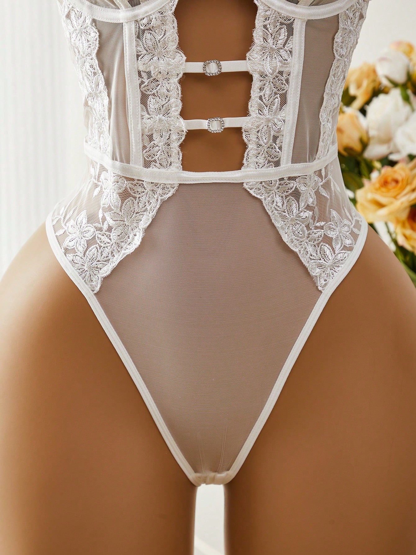 1pc Women's Sexy Lingerie Floral Embroidery Mesh Bodysuit