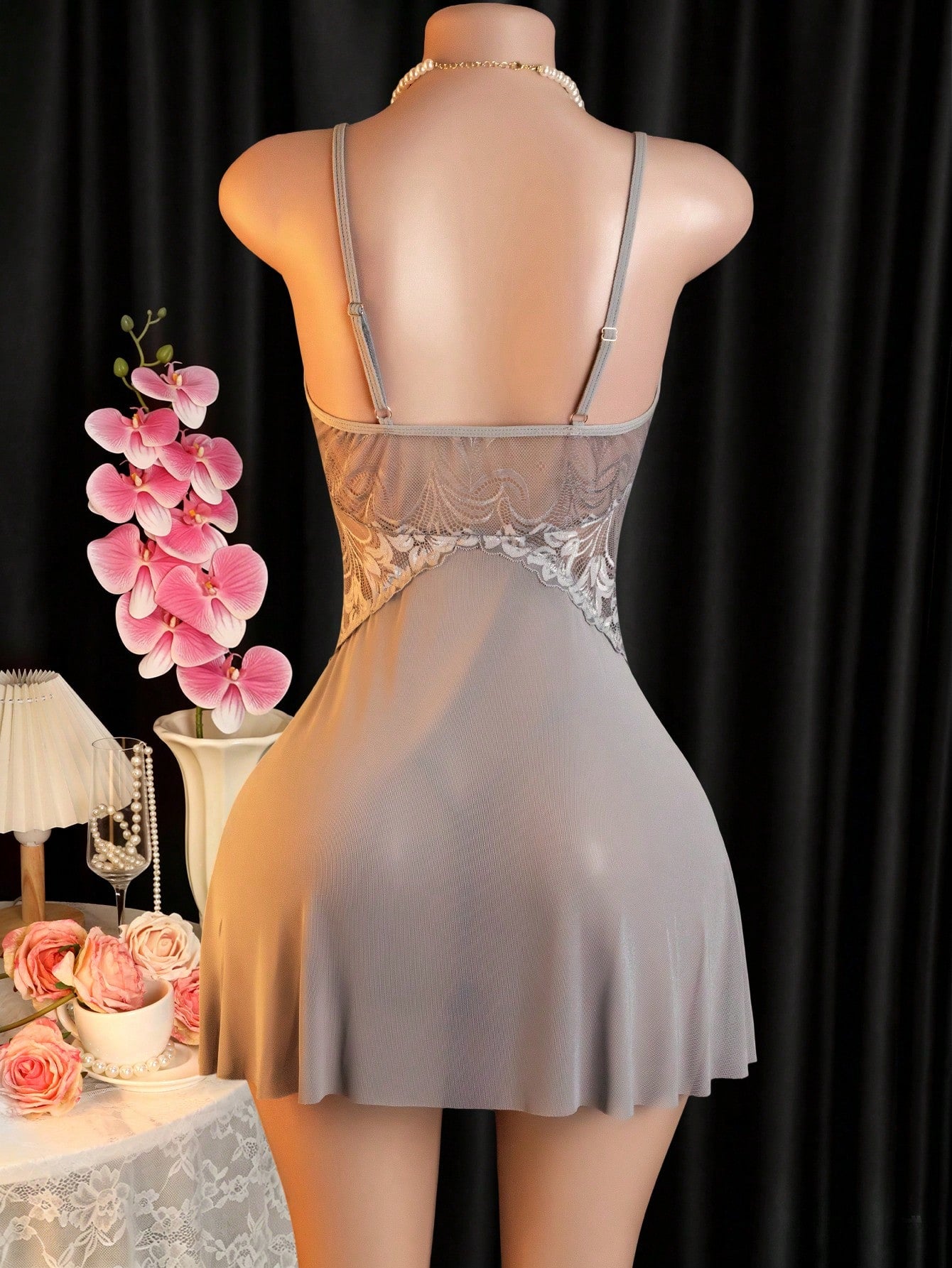 Sexy Lingerie, Sheer Lace Nightgown, 2 Pieces Set: Dress + G-String, Women's Dress And Sexy Lingerie Set