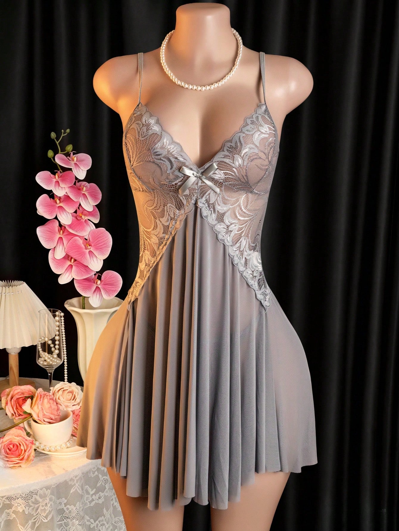 Sexy Lingerie, Sheer Lace Nightgown, 2 Pieces Set: Dress + G-String, Women's Dress And Sexy Lingerie Set