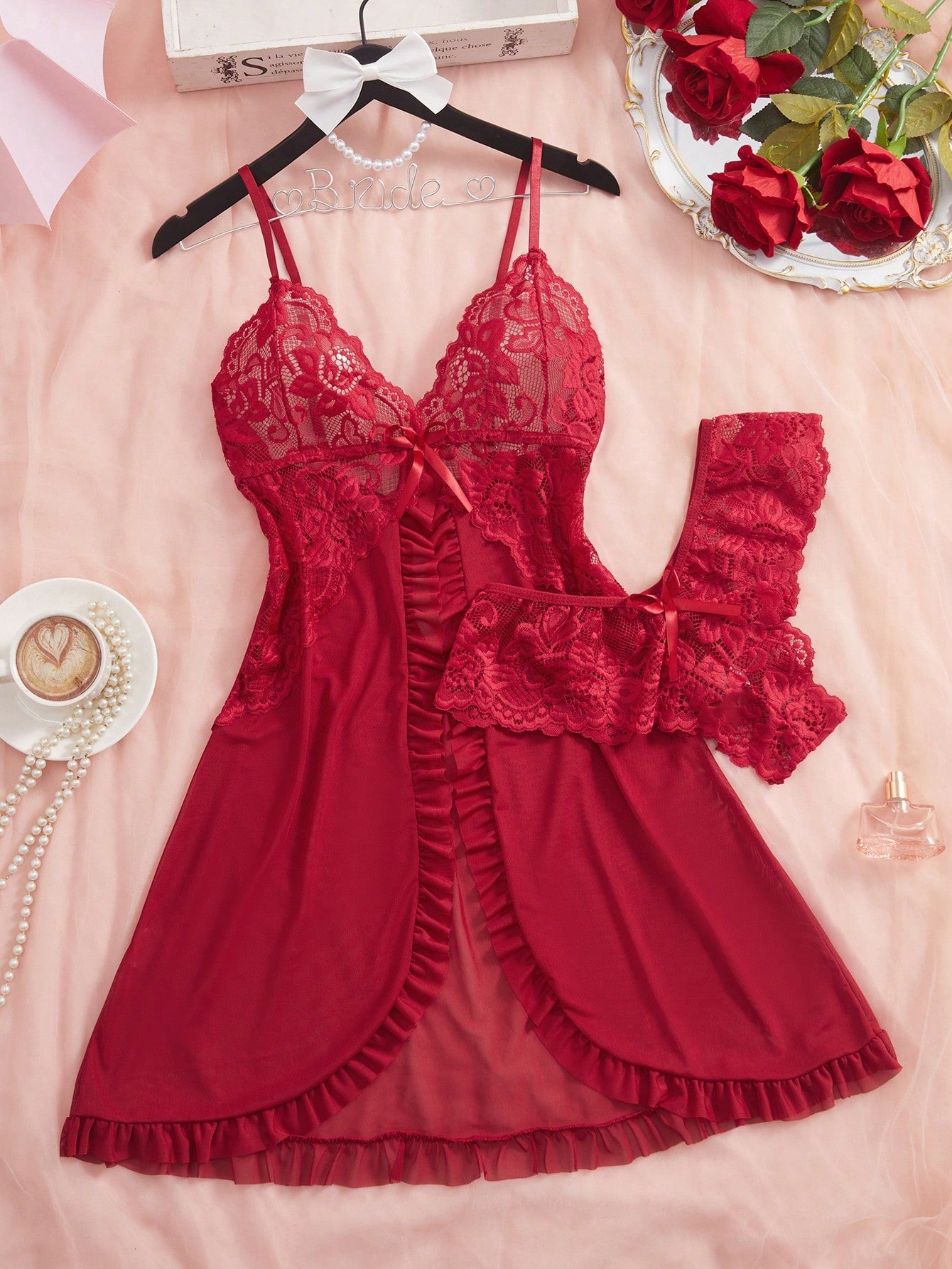 2pcs/Set Women's Sexy V-Neck Lace Camisole Nightgown, Suitable For Home Wear [Chest Floral Pattern & Front Panel Placement Random]