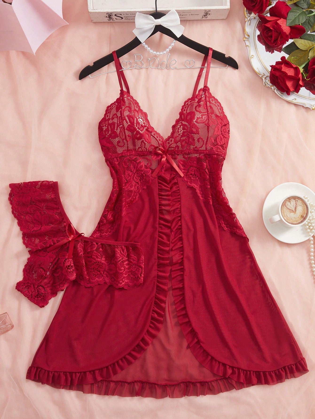 2pcs/Set Women's Sexy V-Neck Lace Camisole Nightgown, Suitable For Home Wear [Chest Floral Pattern & Front Panel Placement Random]