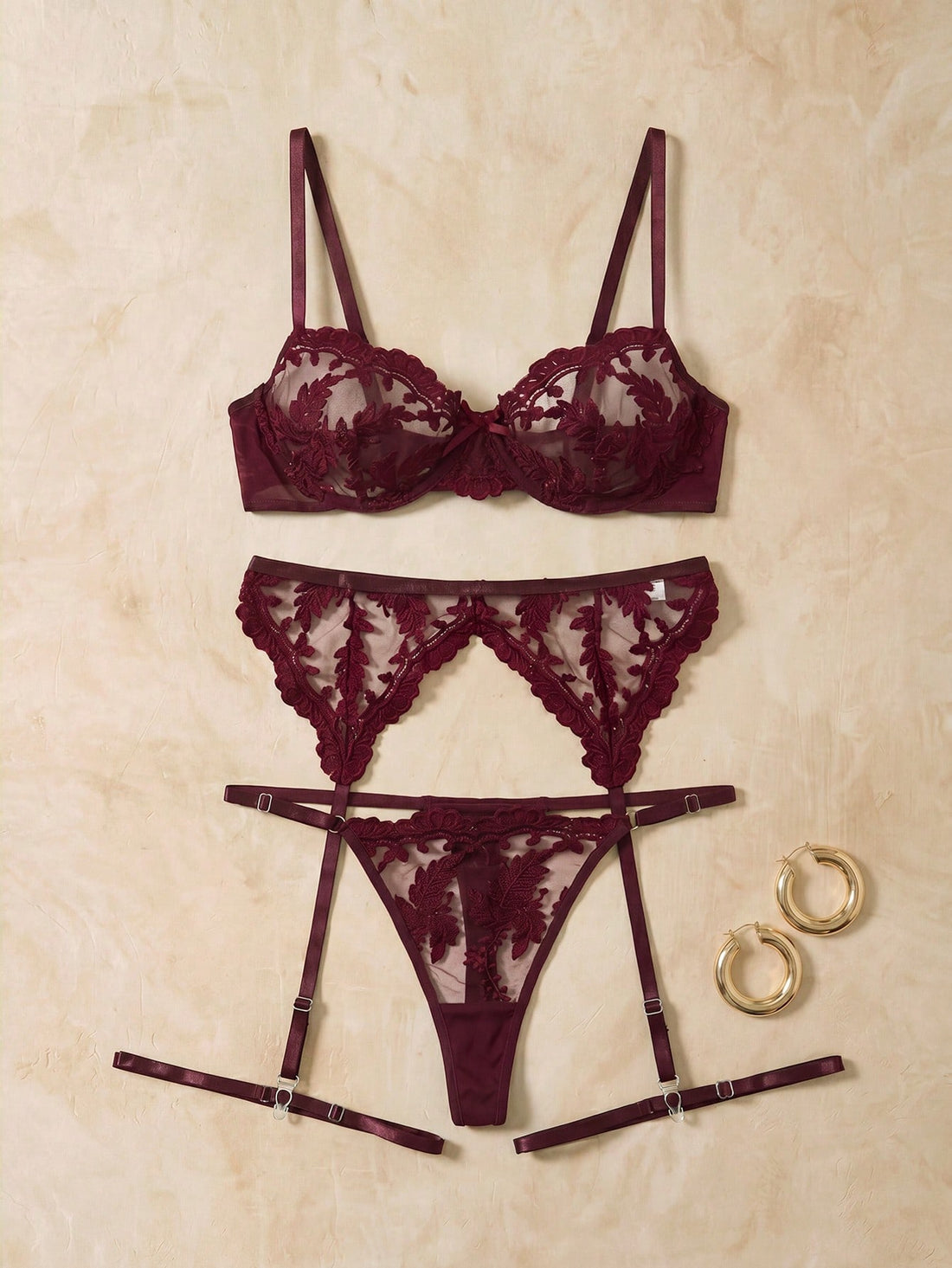 Women Floral Embroidery Camisole Bra, Thong Panty And Garter Belt Body Jewelry Lingerie Set, Sexy For Daily Wear