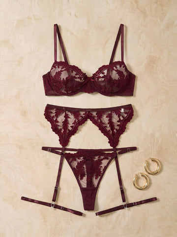 Women Floral Embroidery Camisole Bra, Thong Panty And Garter Belt Body Jewelry Lingerie Set, Sexy For Daily Wear