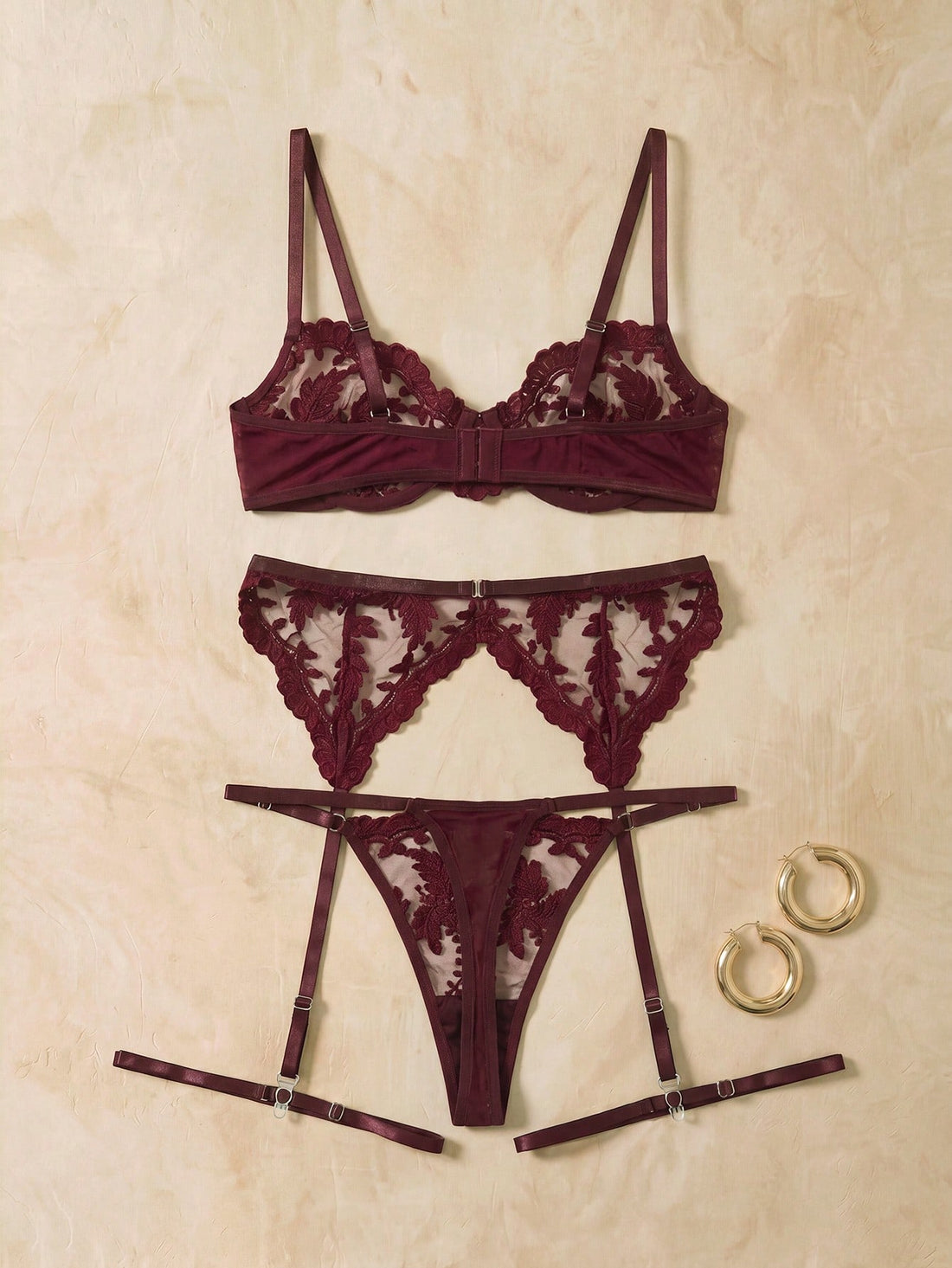 Women Floral Embroidery Camisole Bra, Thong Panty And Garter Belt Body Jewelry Lingerie Set, Sexy For Daily Wear