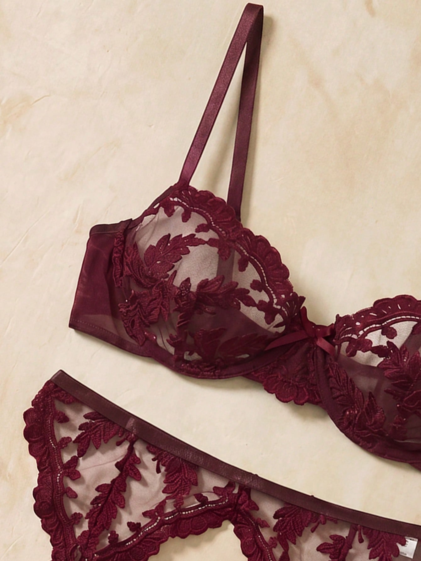 Women Floral Embroidery Camisole Bra, Thong Panty And Garter Belt Body Jewelry Lingerie Set, Sexy For Daily Wear