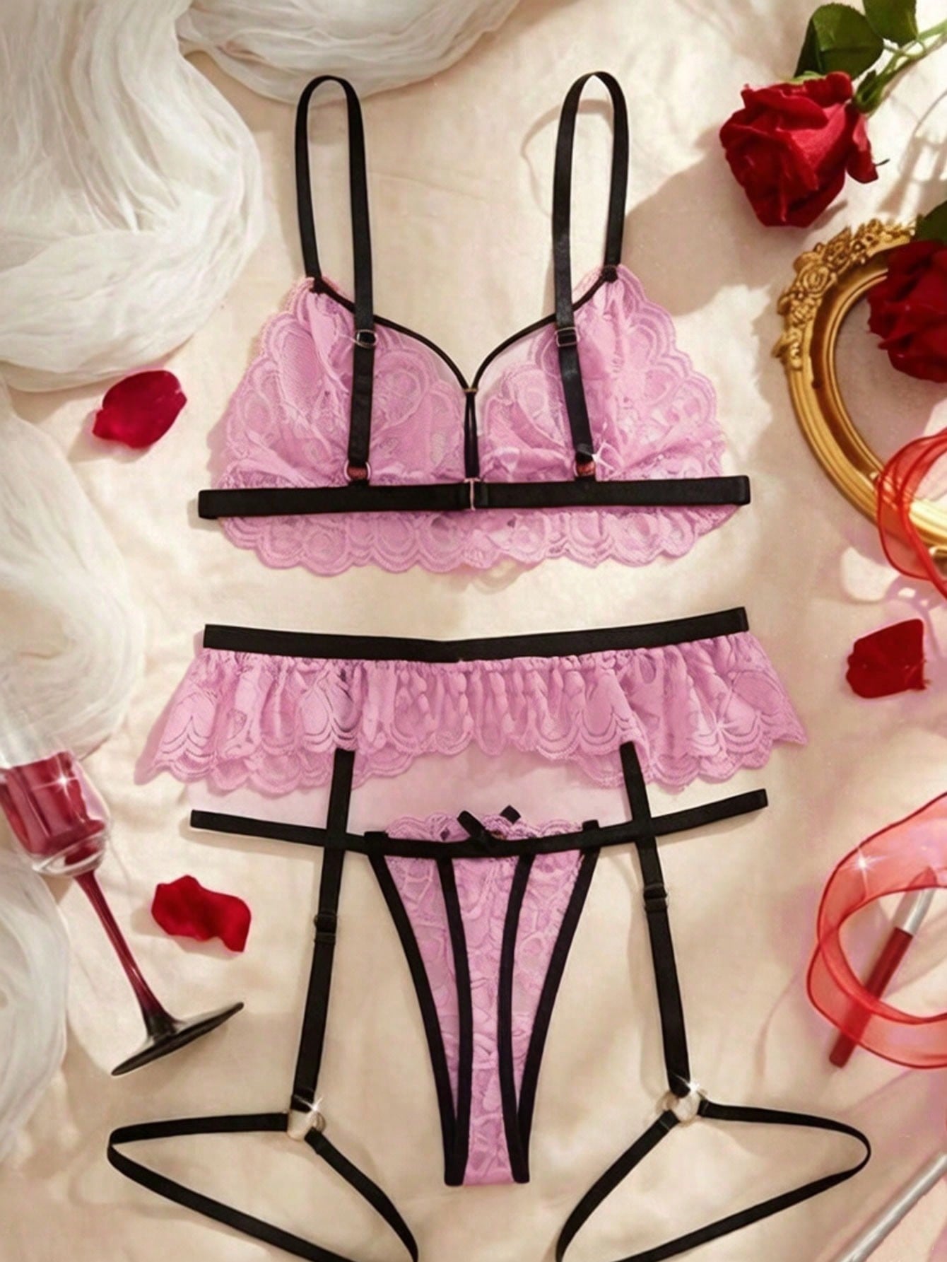 4pcs Lace Embroidery Semi-Sheer Sexy Lingerie Set, Sexy Underwear, Sexy Sleepwear, Babydoll
