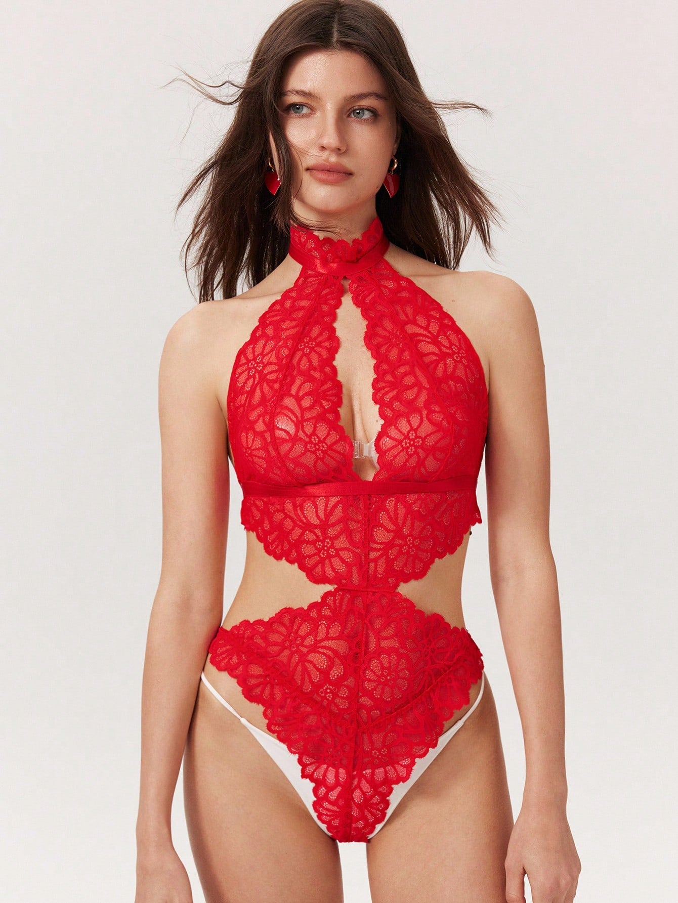 Women's Floral Lace Hollow-Out Halter Sexy Bodysuit