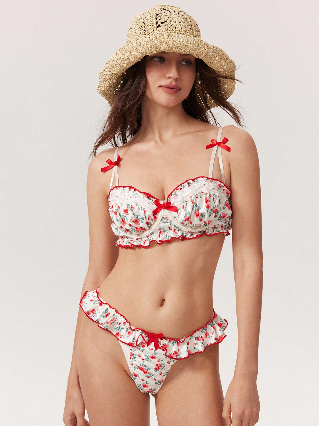 Women's Floral Frill Trim Bow Decor Fashion Cute Lingerie Set Summer