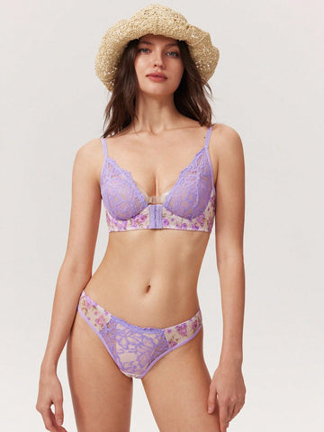 Beige Romantic Floral Print Sexy Lace Lingerie Set, Women's Underwire Push-Up Front Closure Bra And Panty 2pcs Summer