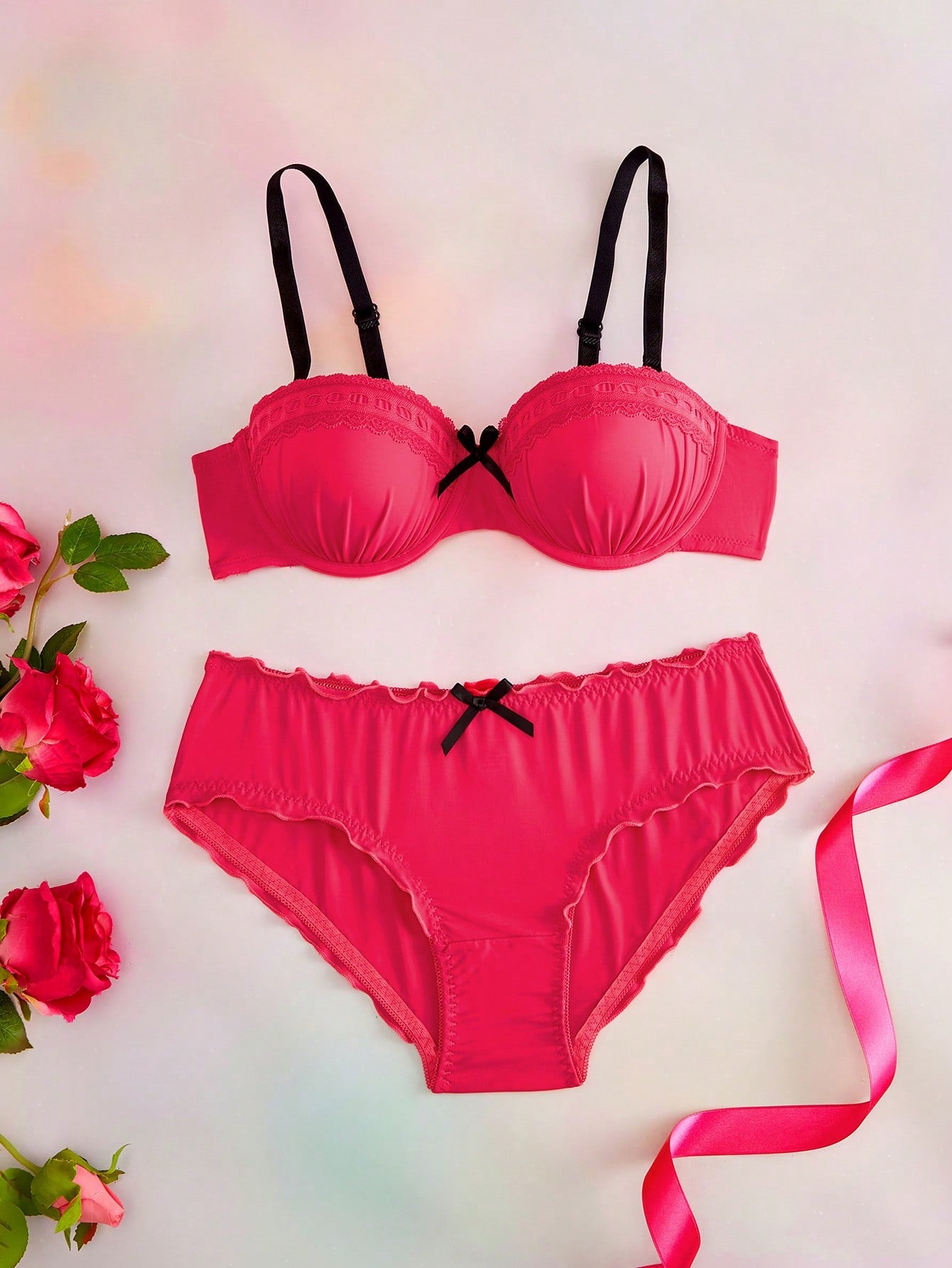 2pcs Hot Pink Underwire Molded Cup 1/2 Cup Bowknot Ruched Lace Patchwork High Support Lift Gather Balconette Bra Set Sweet Cute Women Summer