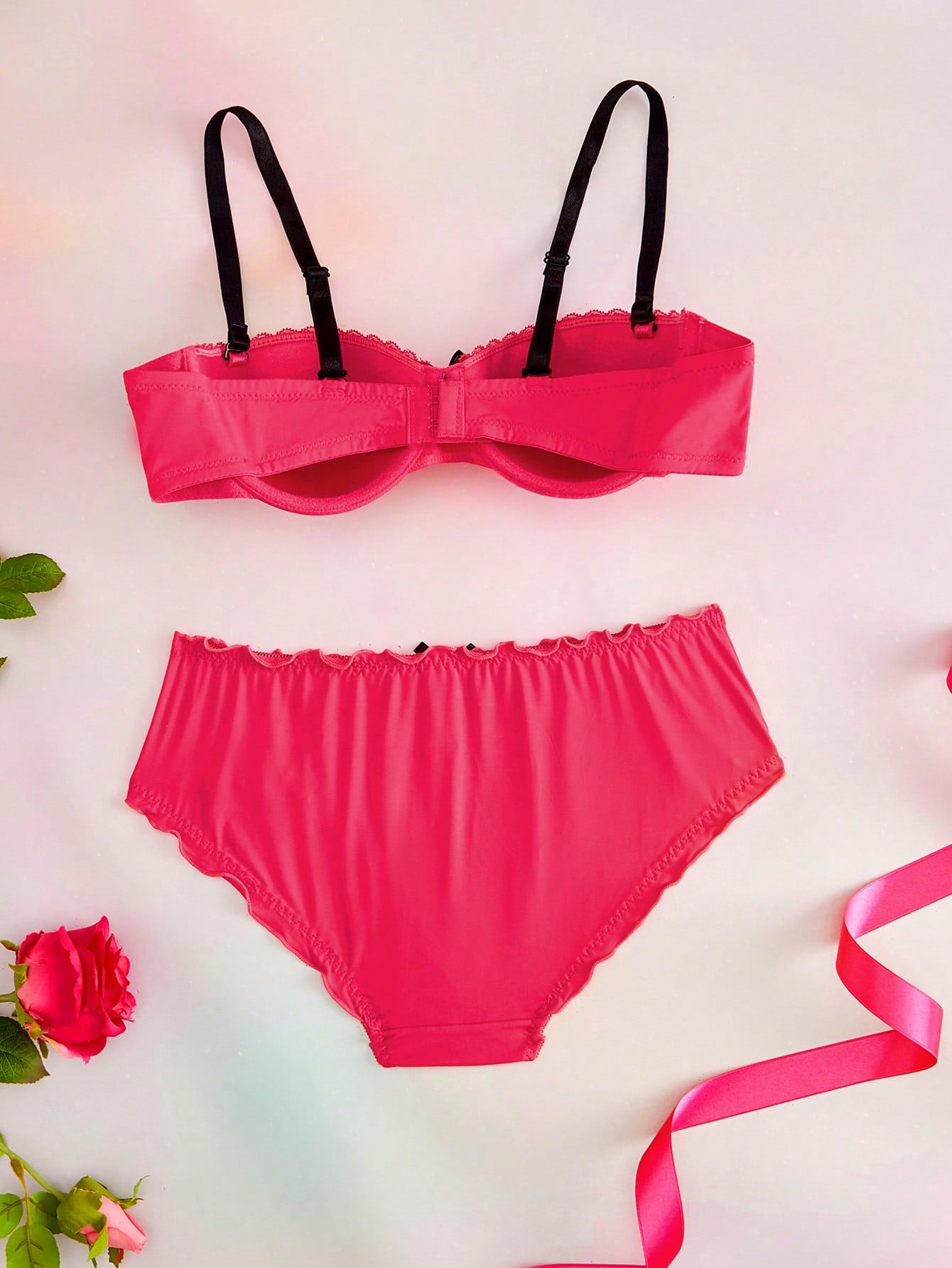 2pcs Hot Pink Underwire Molded Cup 1/2 Cup Bowknot Ruched Lace Patchwork High Support Lift Gather Balconette Bra Set Sweet Cute Women Summer