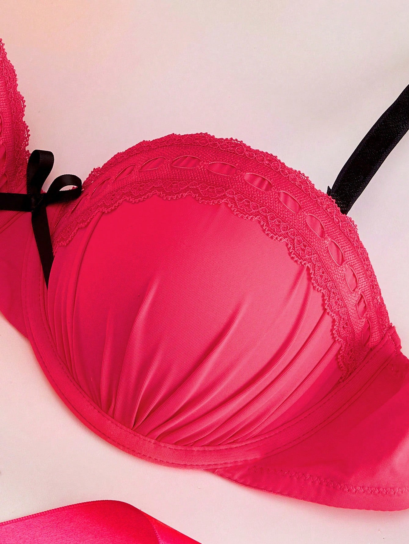 2pcs Hot Pink Underwire Molded Cup 1/2 Cup Bowknot Ruched Lace Patchwork High Support Lift Gather Balconette Bra Set Sweet Cute Women Summer