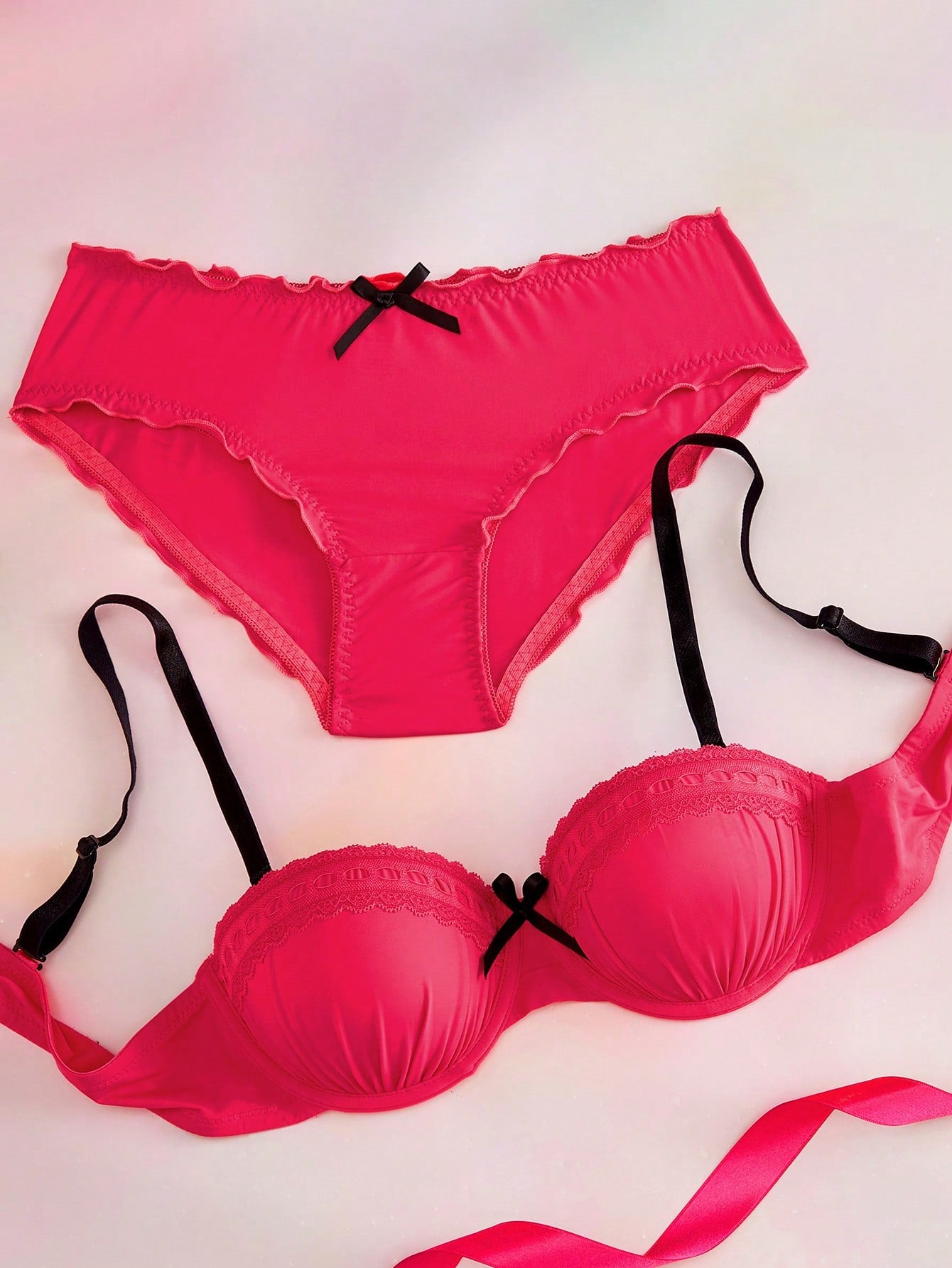 2pcs Hot Pink Underwire Molded Cup 1/2 Cup Bowknot Ruched Lace Patchwork High Support Lift Gather Balconette Bra Set Sweet Cute Women Summer