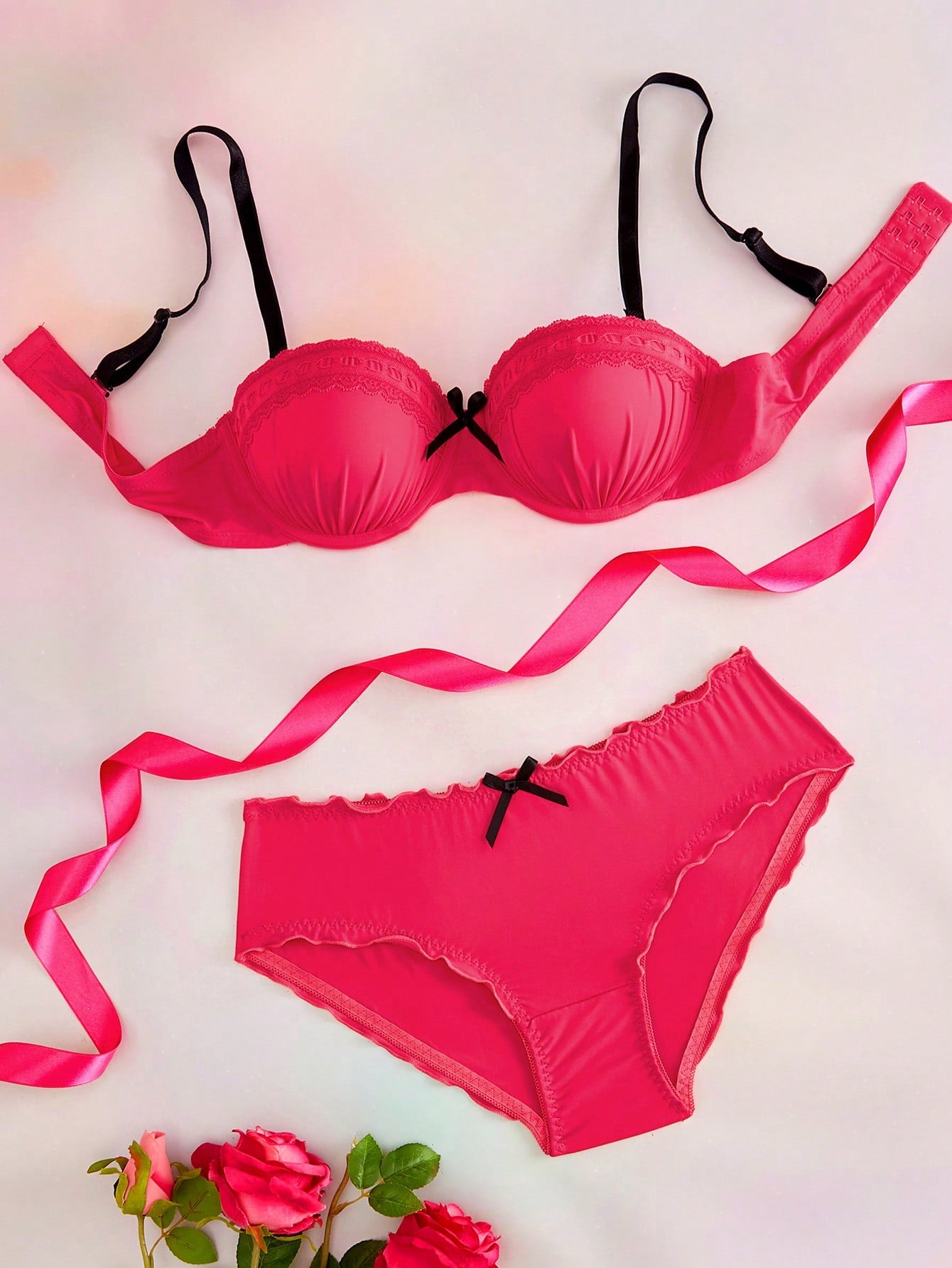 2pcs Hot Pink Underwire Molded Cup 1/2 Cup Bowknot Ruched Lace Patchwork High Support Lift Gather Balconette Bra Set Sweet Cute Women Summer