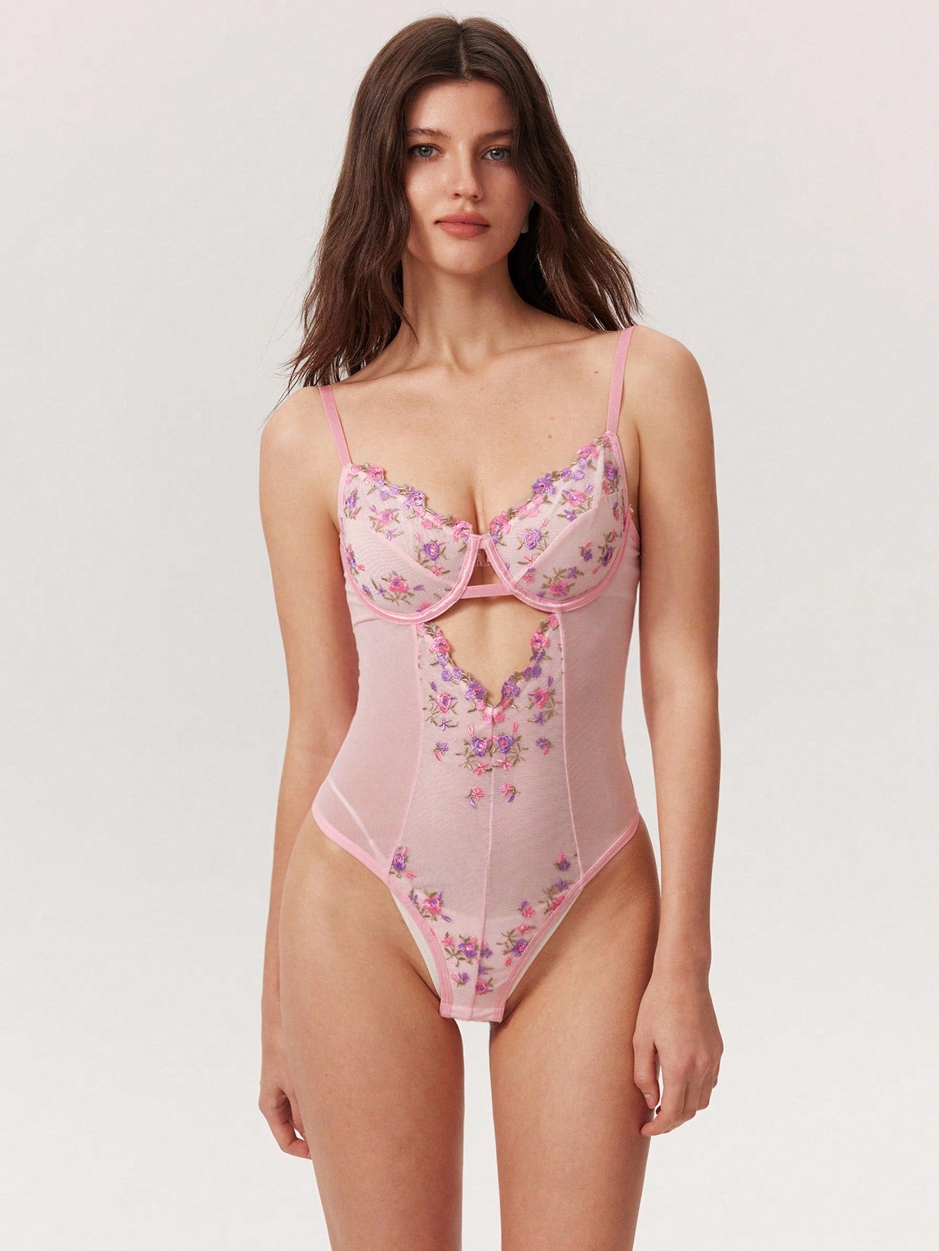 Pink Mesh Patchwork Embroidered Floral Sheer Deep V Slimming Crotch Opening Romantic Countryside Women's Lingerie Jumpsuit