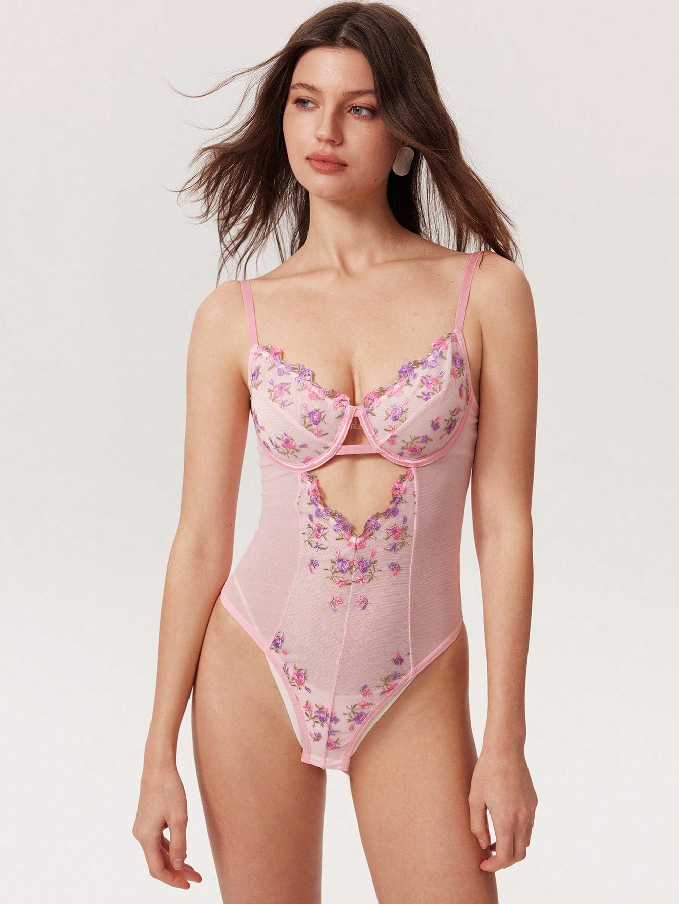 Pink Mesh Patchwork Embroidered Floral Sheer Deep V Slimming Crotch Opening Romantic Countryside Women's Lingerie Jumpsuit