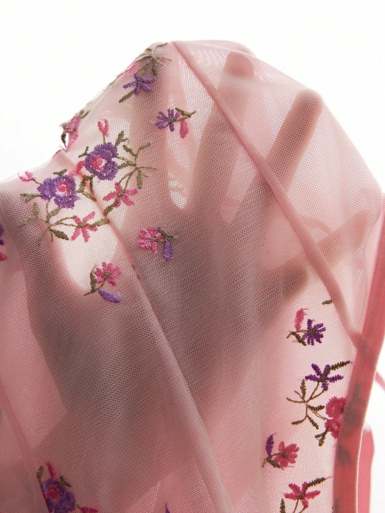 Pink Mesh Patchwork Embroidered Floral Sheer Deep V Slimming Crotch Opening Romantic Countryside Women's Lingerie Jumpsuit