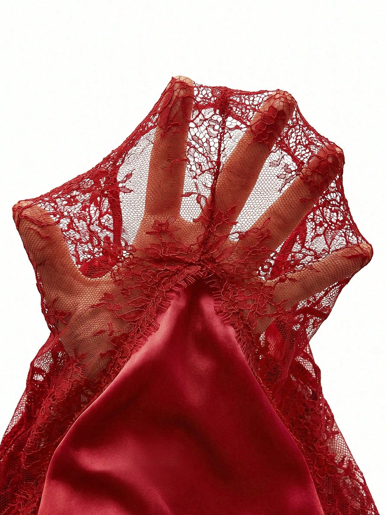 Burgundy women's babydoll nightgown with floral lace, spaghetti straps, backless detail, semi-sheer contrast lace, and mini sleeveless satin-style design