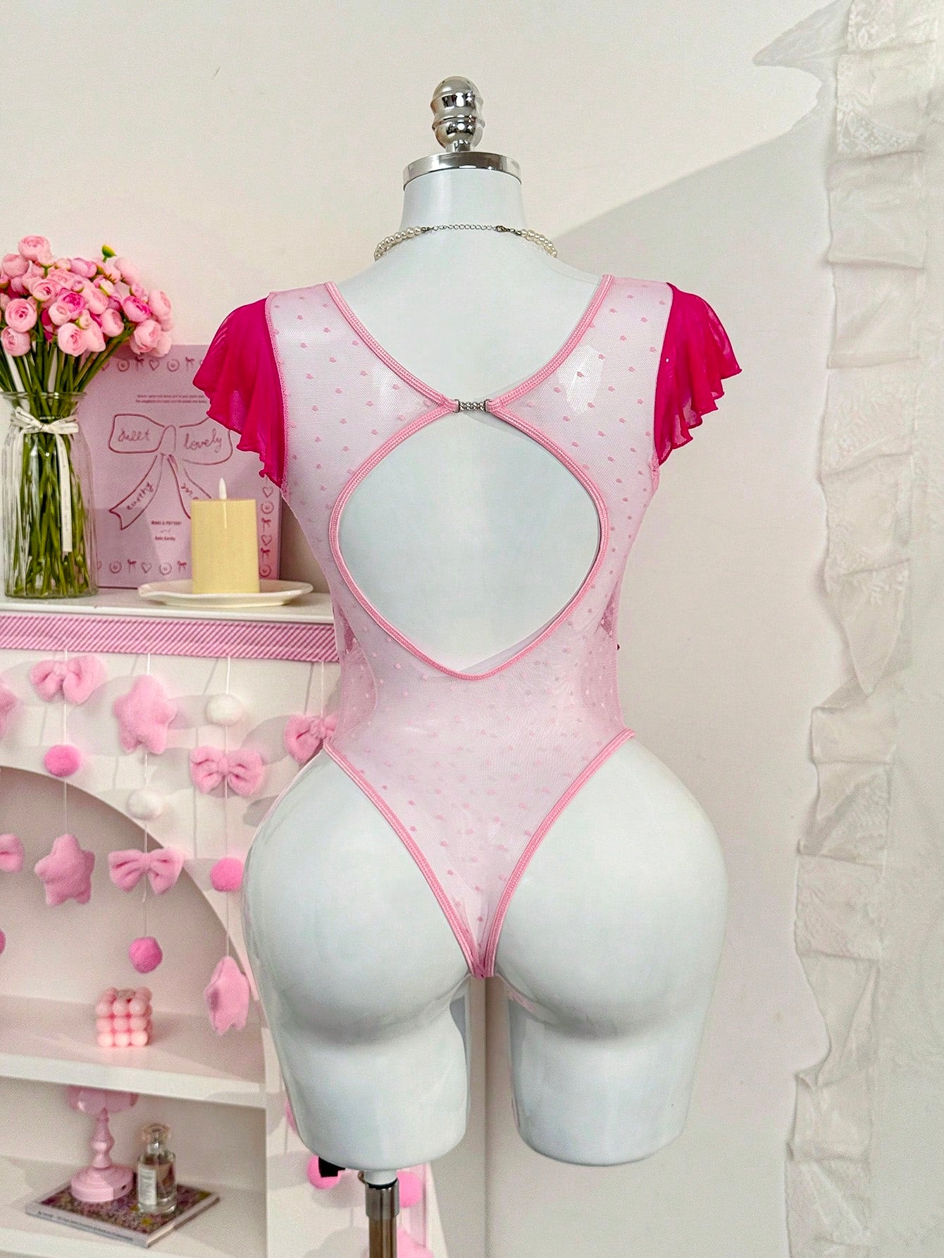 Sexy Heart Dot Mesh Hollow-Out Lace Patchwork Women's Lingerie Jumpsuit